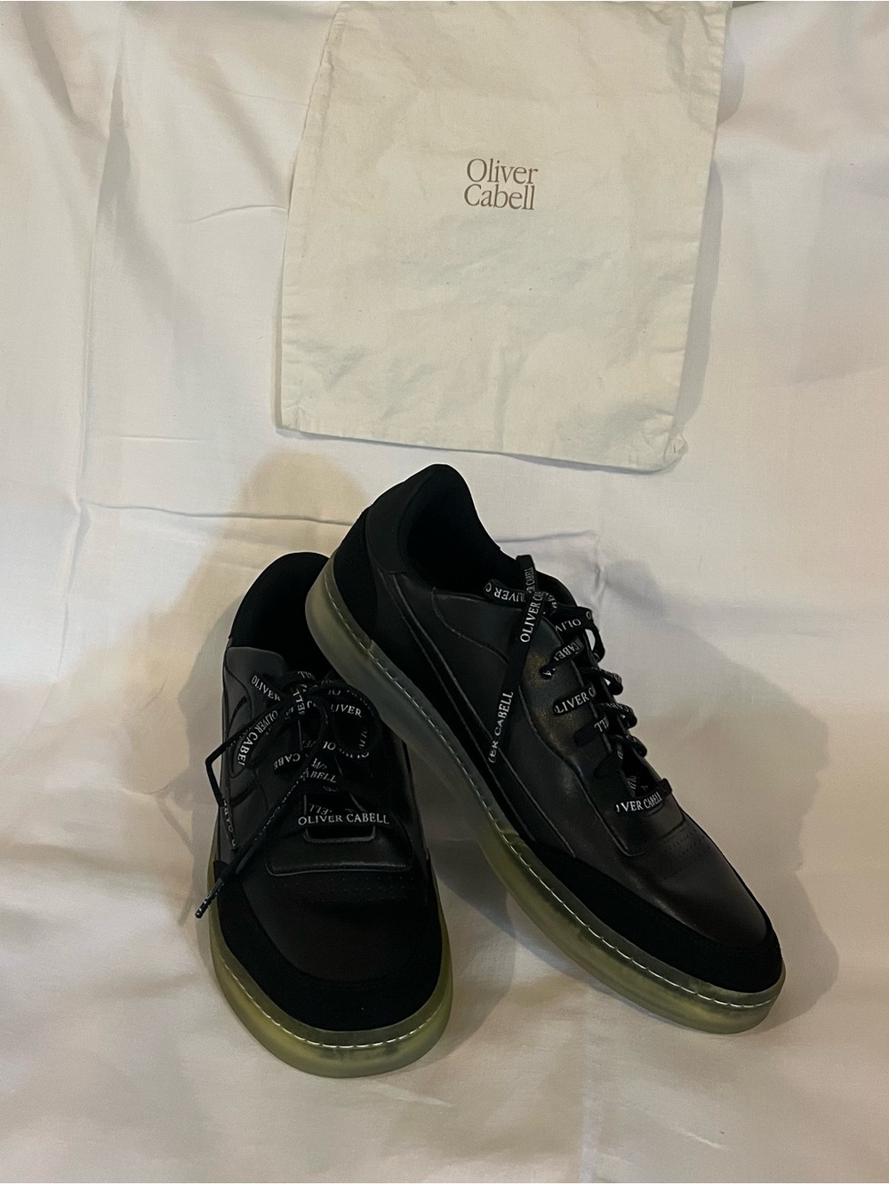 Oliver Cabell Black Leather Sneakers with Translucent Green Sole